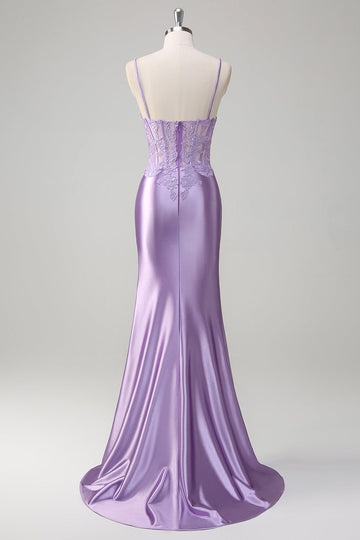 Vestido de fiesta largo de tirantes de espagueti sirena lila con apliques